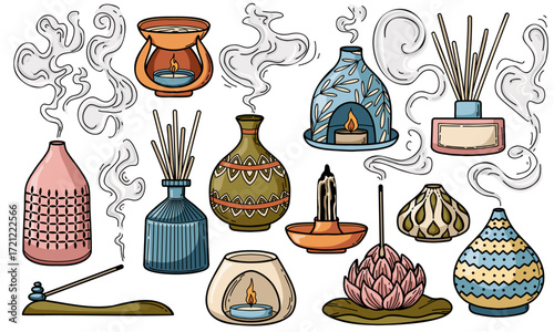 Aromatherapy and fragrance doodle vector illustrations collection. Incense stick, aroma lamp, diffuser.