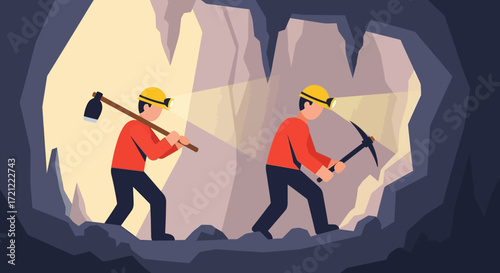 Miners diligently working deep inside a dark cavern, actively excavating precious resources with tools, illustrating dedicated effort and industrial exploration