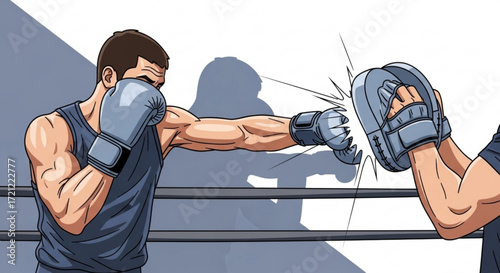 Boxing training session with focus mitts for fitness and self defense in the gym or at home workout routine