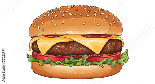 Delicious cheeseburger illustration with sesame bun and fresh ingredients perfect for fast food menus
