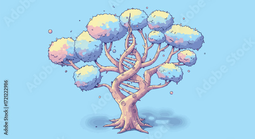 Digital representation of a tree with DNA-shaped trunk and colorful, fluffy, spherical leaves