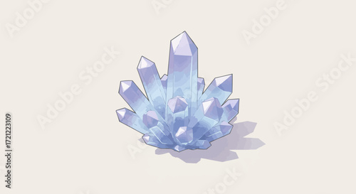 A cluster of translucent ice crystals with sharp facets and a light blue hue, casting a subtle shadow on a pale background