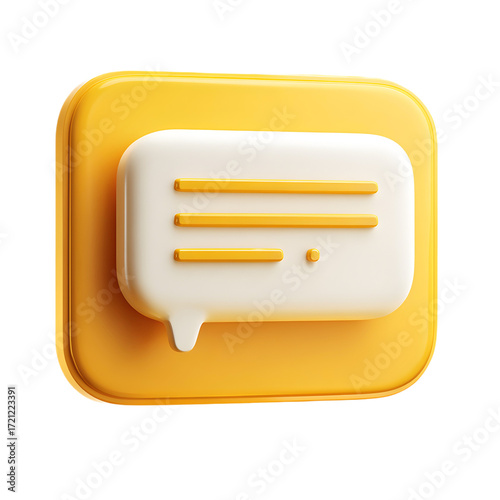 A 3d icon representing a speech bubble with text lines and a dot, on a yellow rounded square background, isolated on white isolated on transparent background