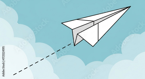 Paper airplane flying in the sky with clouds vector illustration for travel and childhood concept design