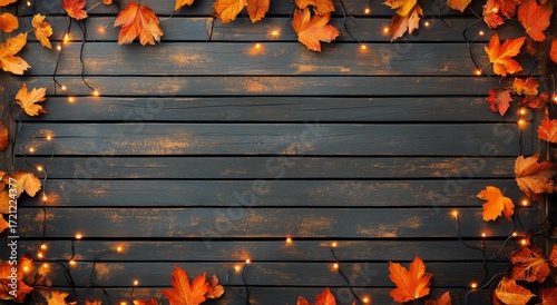 Autumn Leaves and Warm Lights Create a Cozy Mood on Wooden Background for Sea...
