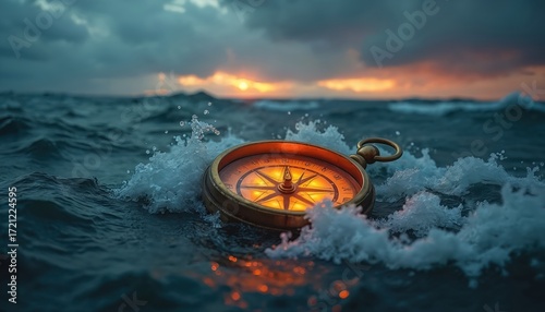 Glowing broken compass spins in stormy ocean waves. Chaotic sea, dark clouds suggest misjudgment, loss of clarity, uncertainty. Wild adventure turns to peril in wild waters, reflecting fear, chaos,