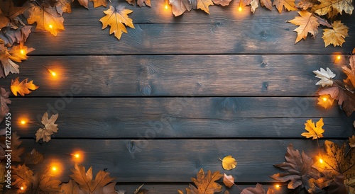 Cozy Autumn Leaves and Warm Lights on a Rustic Wooden Surface in the Fall Season