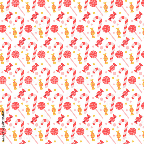 Seamless Christmas pattern with sweets and candies. Festive holiday dessert background