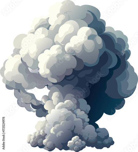Large Voluminous Grey Smoke Plume on Black Background