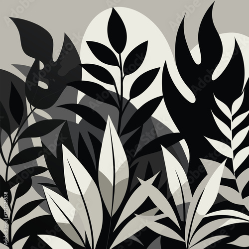Monochrome abstract arrangement of tropical leaves