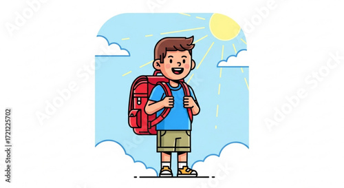 Back to school boy illustration with backpack and sunny sky background for education and learning design
