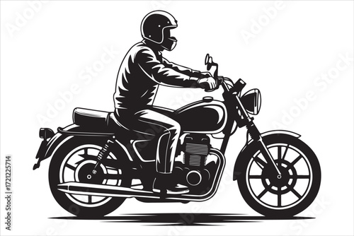 Biker Riding Vintage Motorcycle – Black and White Art