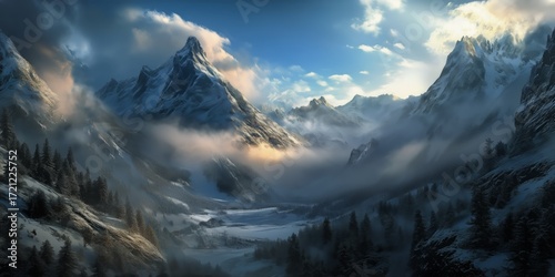 Majestic Mountain Landscape With Mist and Snow, Captured During Early Morning...
