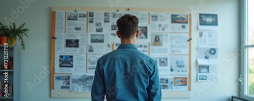 Man in denim shirt analyzes storyboards on wall, making creative decisions. Focused concentration on project planning, strategy development in workspace. Reviewing layouts, sketches for production