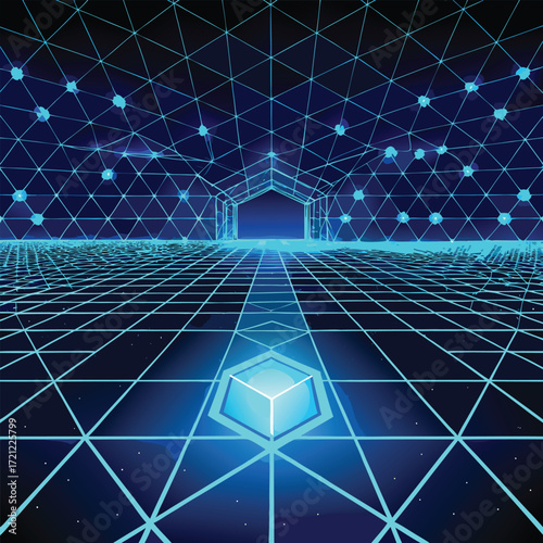 Neon Grid Tunnel with Glowing Cube and Stars abstract
