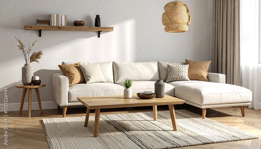 Obraz premium リビングに映えるソファとテーブルが作る落ち着いたインテリア