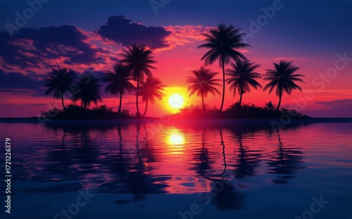 Stunning Sunset Over Calm Waters With Silhouettes of Palm Trees on a Tropical Island
