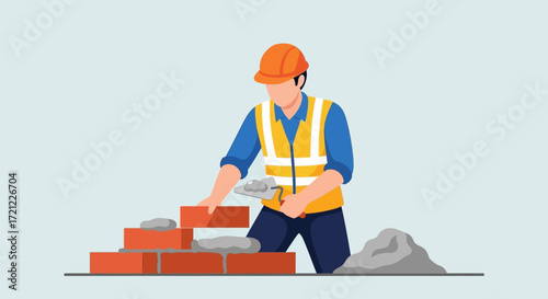 Construction Worker Building Brick Wall with Trowel and Materials