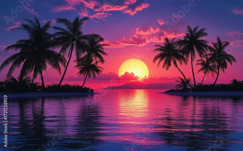 Colorful Sunset Over an Island With Palm Trees and Serene Water Reflections.