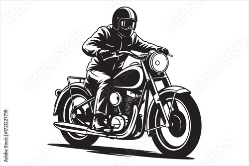 Biker Riding Vintage Motorcycle – Black and White Art