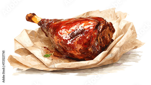 Vector illustration of a juicy smoked turkey leg on parchment paper isolated on a white background