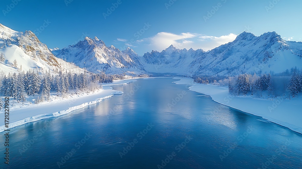 Fototapeta premium Majestic Snow Covered Mountains Reflecting In Frozen River