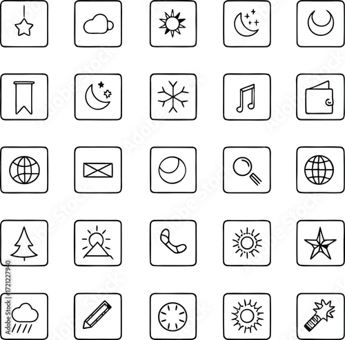 Icon Set of Modern Symbols: A comprehensive collection of modern, clean-lined icons. perfectly tailored for digital design, interface elements, and visual communication.