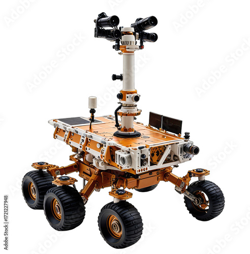 Orange-tan rover with multiple cameras and sensors