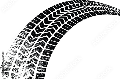 Abstract black and white tire track graphic design, depicting a dynamic curve of a vehicle's path, symbolizing motion, journey, and automotive themes