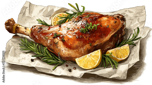 Vector illustration of a juicy smoked turkey leg on parchment paper isolated on a white background