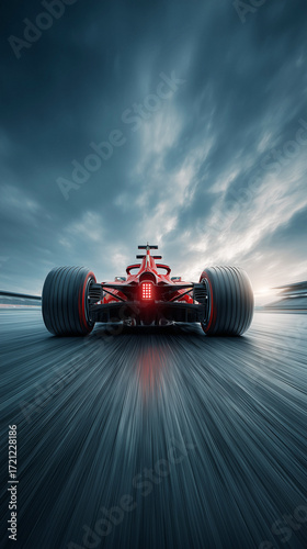 Formula one racing car speeding on asphalt road with dramatic cloudy sky. AI generated