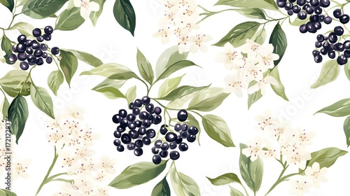 Watercolor painting depicts dark berries and white flowers on a light background.