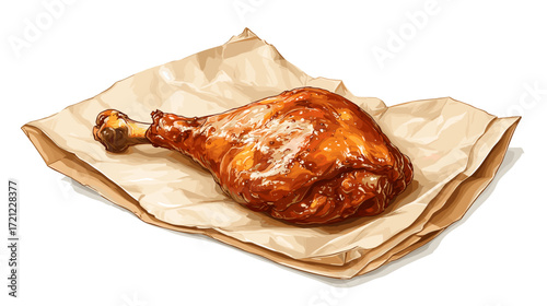 Vector illustration of a juicy smoked turkey leg on parchment paper isolated on a white background