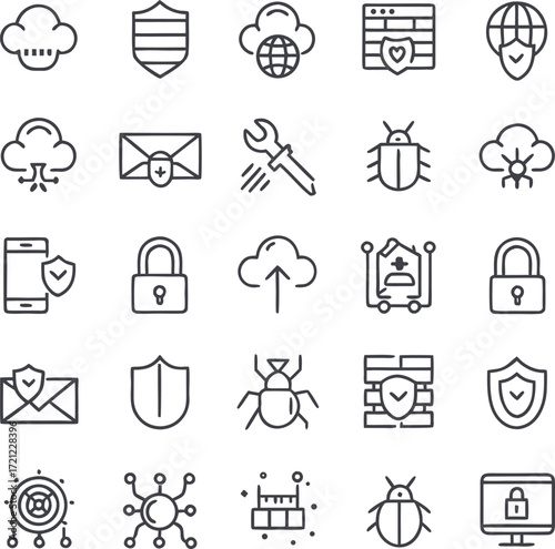 Digital Security: A collection of interconnected cybersecurity icons, representing concepts like data protection, online safety, and network integrity. A visually clean arrangement.
