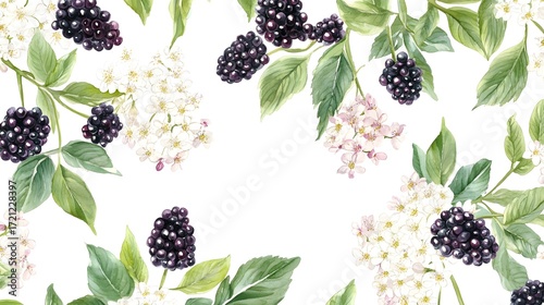 Watercolor illustration depicting blackberries, white blossoms, and green leaves on a white background.