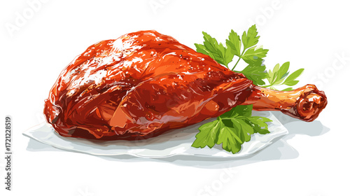 Vector illustration of a juicy smoked turkey leg on parchment paper isolated on a white background