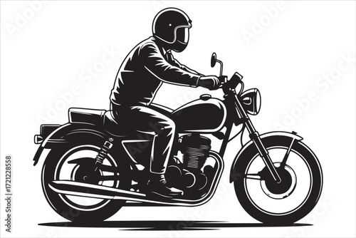 Biker Riding Vintage Motorcycle – Black and White Art