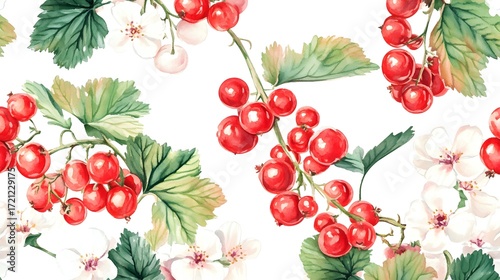 Watercolor painting depicts a branch laden with ripe red currants and delicate white flowers against a white background.