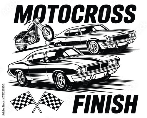 Vintage Motocross Racing Finish Line with Classic Cars and Checkered Flags
