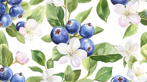 Watercolor painting depicts blueberries and white apple blossoms on green foliage against a white background.