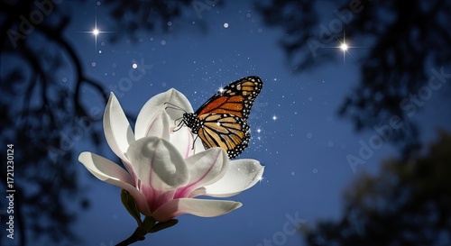 Monarch Butterfly on Magnolia Flower at Night with Sparkling Stars