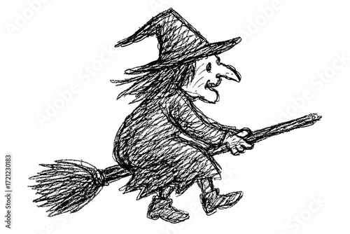 Sketch of a flying witch on a broomstick in classic Halloween style. Concept of Halloween fantasy and mystical folklore - fantasy - folklore