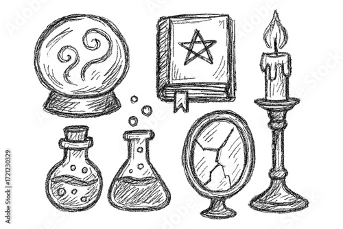Spooky Halloween set with potion bottles candle book crystal ball and mirror in magical sketch style. Concept of witchcraft and Halloween magic - witchcraft - horror