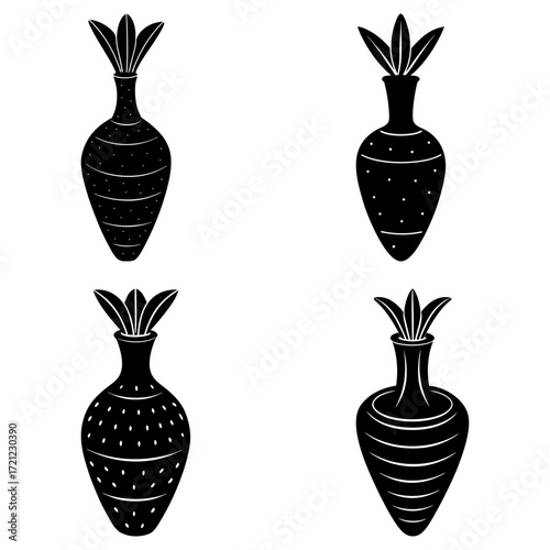 Four decorative vases with plants in black and white with different patterns and leaf arrangements