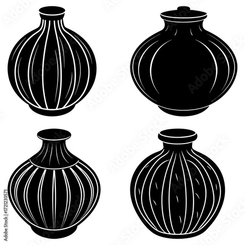 Four black and white vases with varying designs and shapes arranged in a square formation on white background