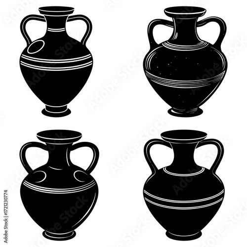 Four black and white amphorae vases with handles and decorative lines in a symmetrical arrangement