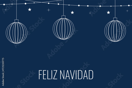 Feliz Navidad. Winter blue Christmas background with Christmas tree decorations and baubles. Vector illustration.