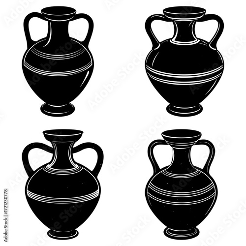 Four black and white amphorae with handles and decorative bands arranged in a square pattern on white