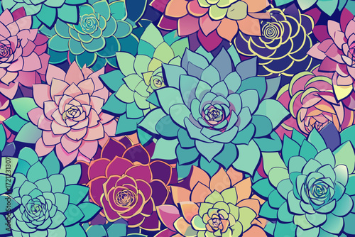 Colorful Succulent Plants Pattern Seamless Background With Vibrant Hues vector illustration
