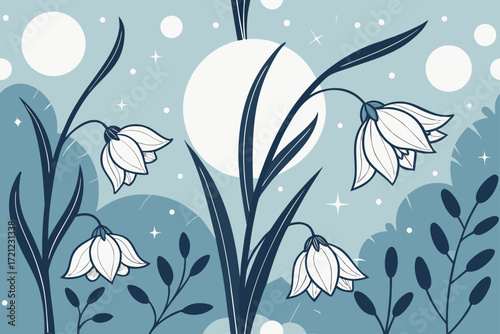 Delicate blue and white bell-shaped flowers with dark leaves against a muted blue sky background floral